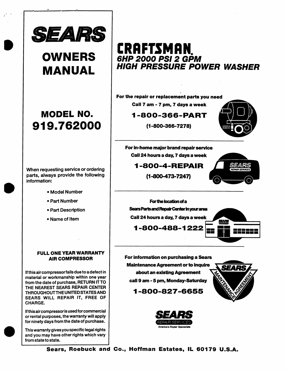 Owners, Manual, Model no | Owners manual, Craftsmrn | Craftsman 919.762000 User Manual | Page 14 / 14