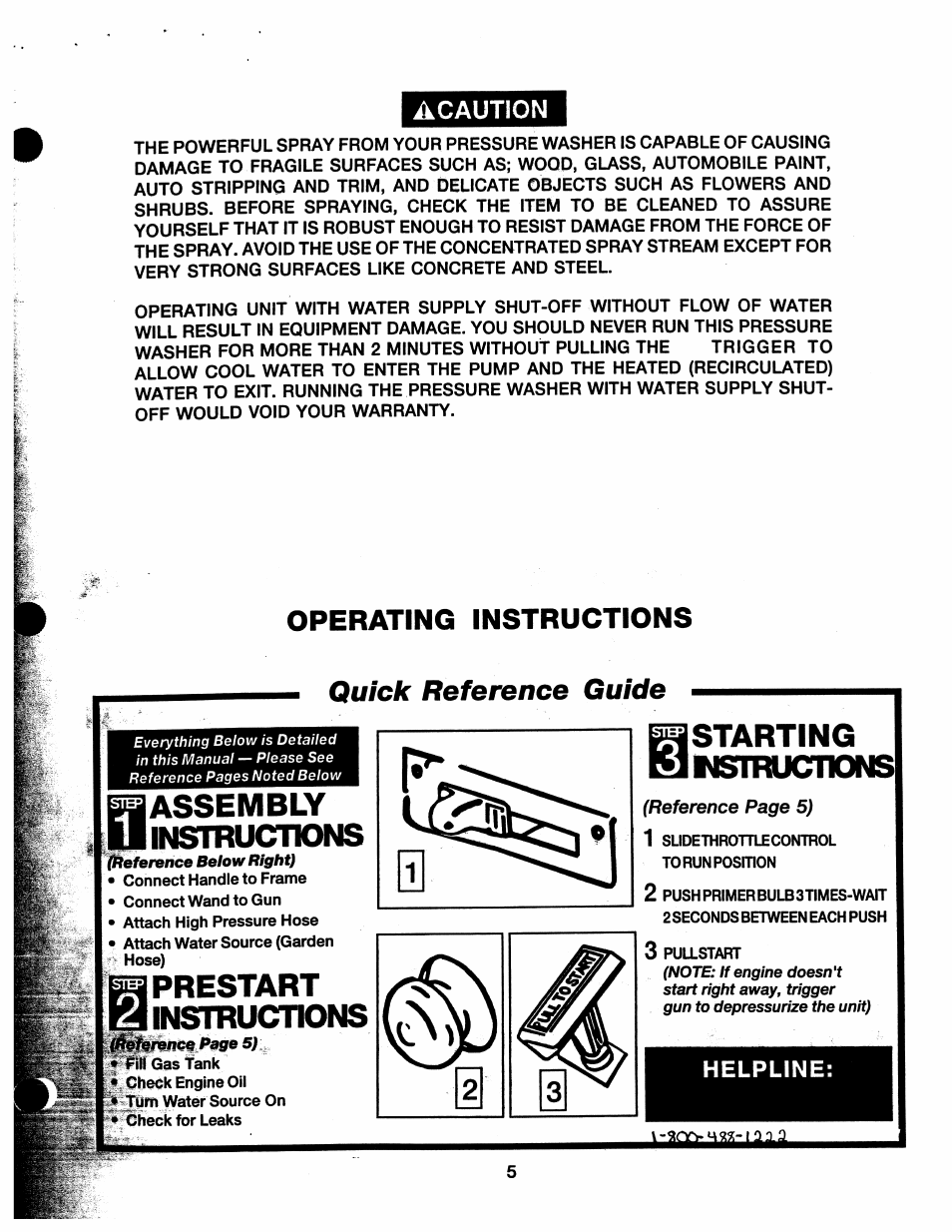 Acaution, Operating instructions, Lassembly | Prestart instructions, Starting, Helpline, Starting i, Quick reference guide, Mstruciions | Craftsman 919.762000 User Manual | Page 5 / 14