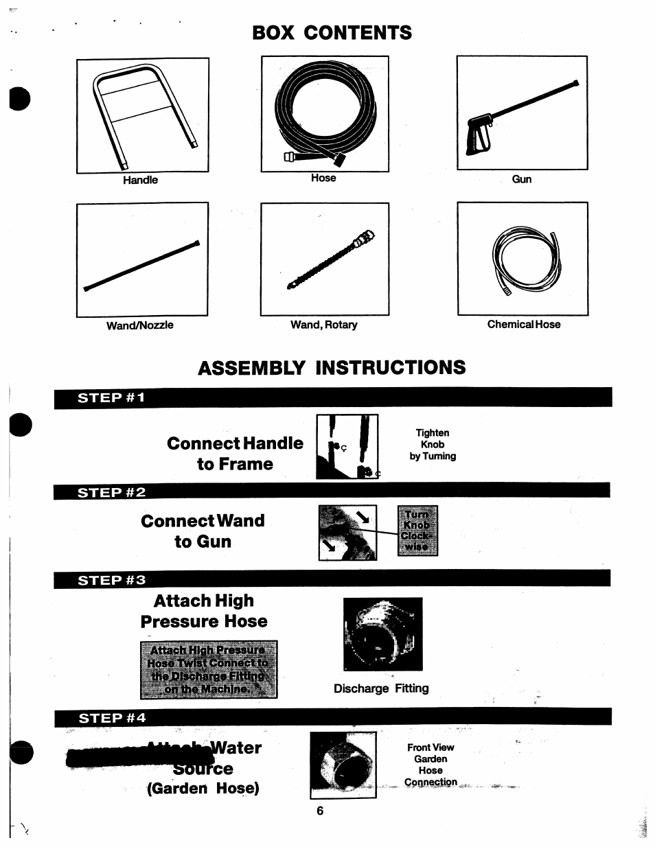 Box contents, Assembly instructions, Connect handle to frame | Connect wand to gun, Attach high pressure hose, Ater ce, Garden hose) | Craftsman 919.762000 User Manual | Page 6 / 14