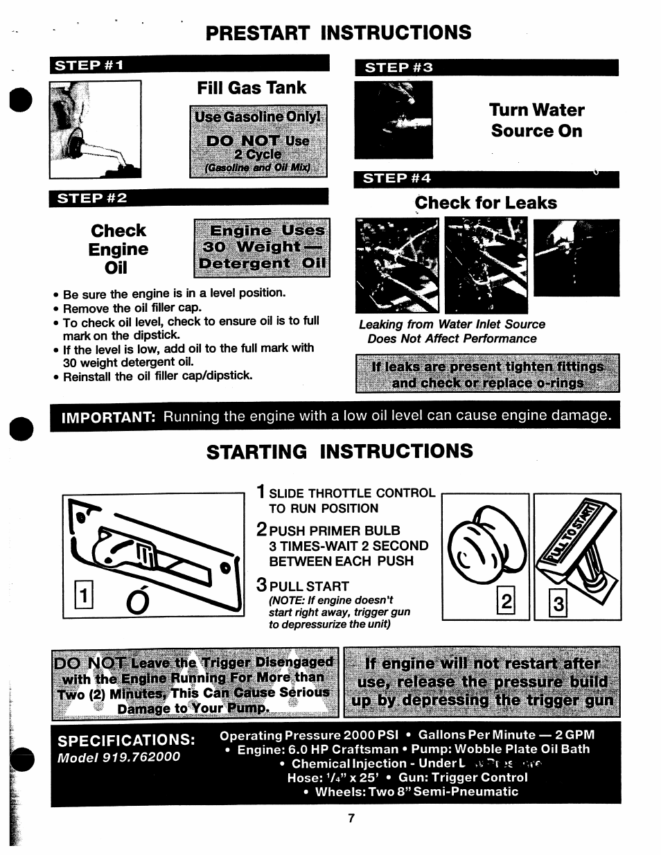 Fill gas tank, Phlyl, Check | Engine, Turn water source on, Check for leaks, Prestart instructions, Starting instructions, Check engine oil | Craftsman 919.762000 User Manual | Page 7 / 14