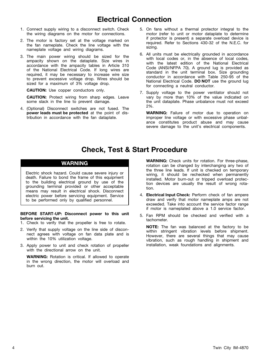 Check, test & start procedure, Electrical connection, Warning | Twin City Upblast Propeller Roof Fans - IM-4870 User Manual | Page 4 / 8