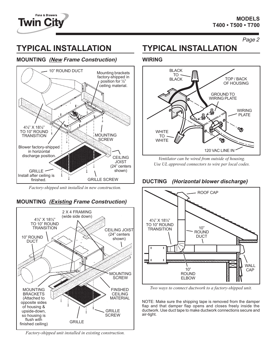 Typical installation, Page 2, New frame construction) | Existing frame construction), Horizontal blower discharge) | Twin City Ceiling / Wall-Mount Ventilators - T Series User Manual | Page 12 / 18