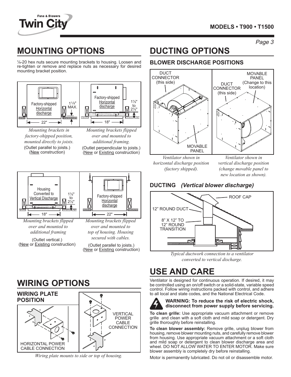 Mounting options wiring options ducting options, Use and care, Page 3 | Vertical blower discharge) | Twin City Ceiling / Wall-Mount Ventilators - T Series User Manual | Page 17 / 18