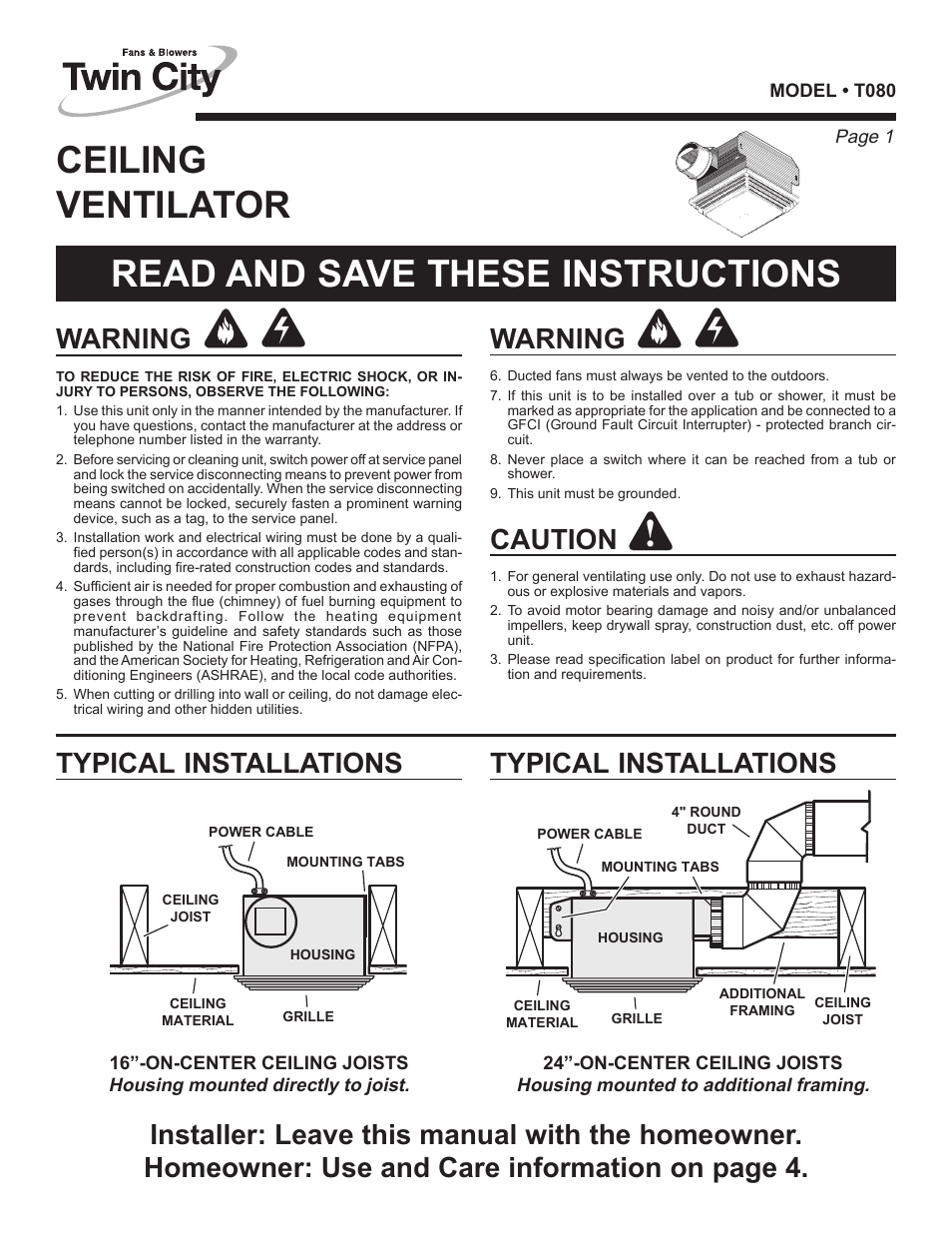 Warning, Caution, Typical installations | Twin City Ceiling / Wall-Mount Ventilators - T Series User Manual | Page 3 / 18