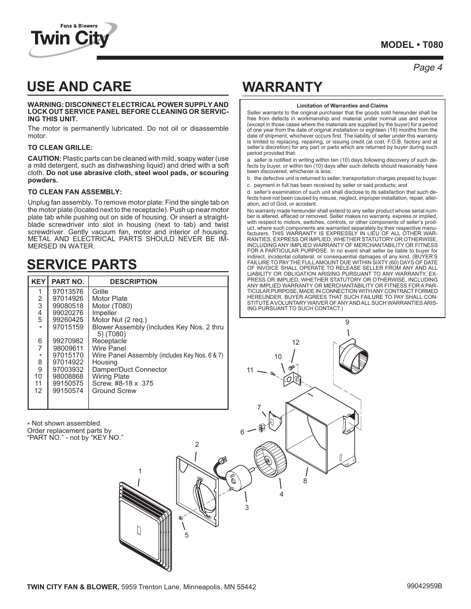 Use and care service parts warranty, Page 4, Model • t080 | Twin City Ceiling / Wall-Mount Ventilators - T Series User Manual | Page 6 / 18