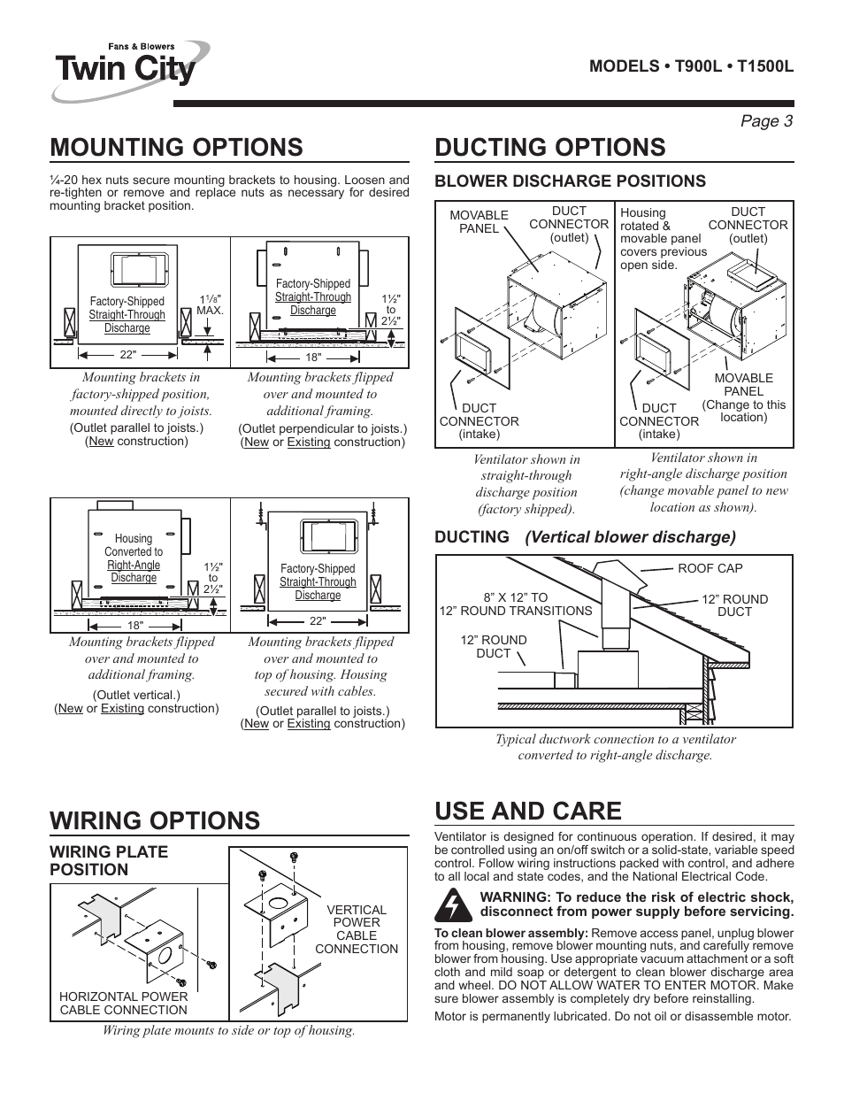 Mounting options wiring options ducting options, Use and care, Page 3 | Vertical blower discharge) | Twin City Inline / Cabinet Ventilators - TL Series User Manual | Page 11 / 16