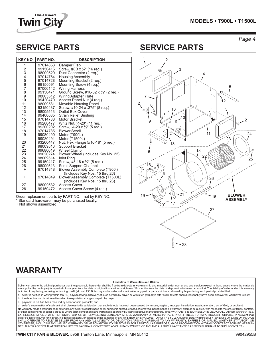 Service parts, Warranty, Page 4 | Twin City Inline / Cabinet Ventilators - TL Series User Manual | Page 12 / 16
