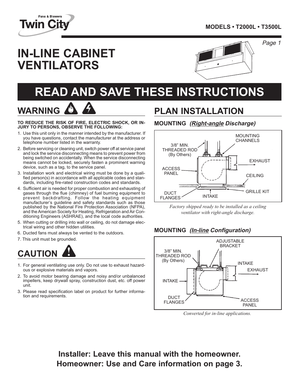 Warning, Caution, Plan installation | Twin City Inline / Cabinet Ventilators - TL Series User Manual | Page 13 / 16
