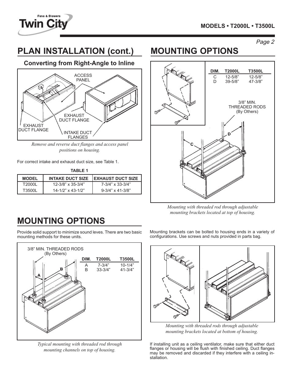 Plan installation (cont.) mounting options, Mounting options, Converting from right-angle to inline | Page 2 | Twin City Inline / Cabinet Ventilators - TL Series User Manual | Page 14 / 16