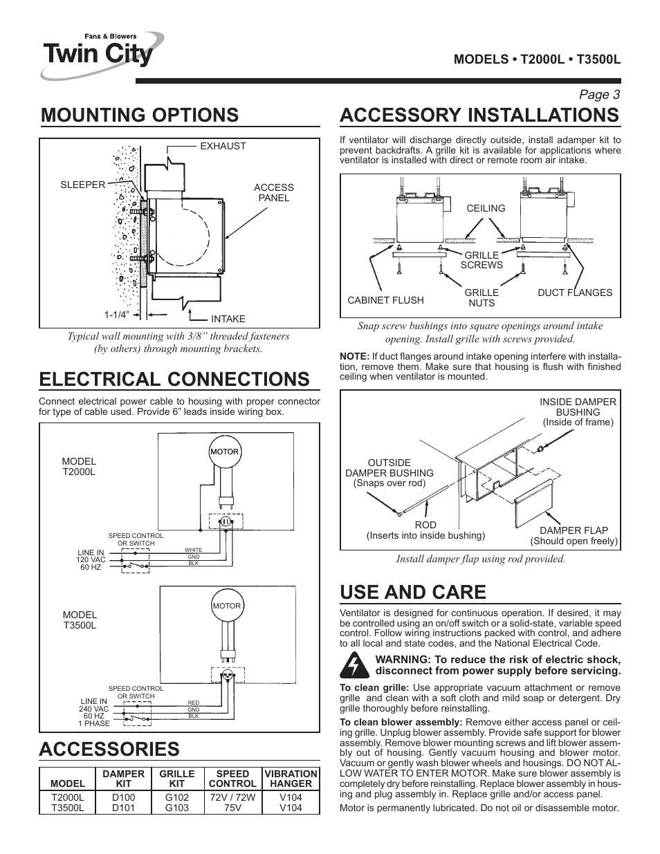 Use and care, Mounting options, Electrical connections | Accessory installations, Accessories, Page 3 | Twin City Inline / Cabinet Ventilators - TL Series User Manual | Page 15 / 16