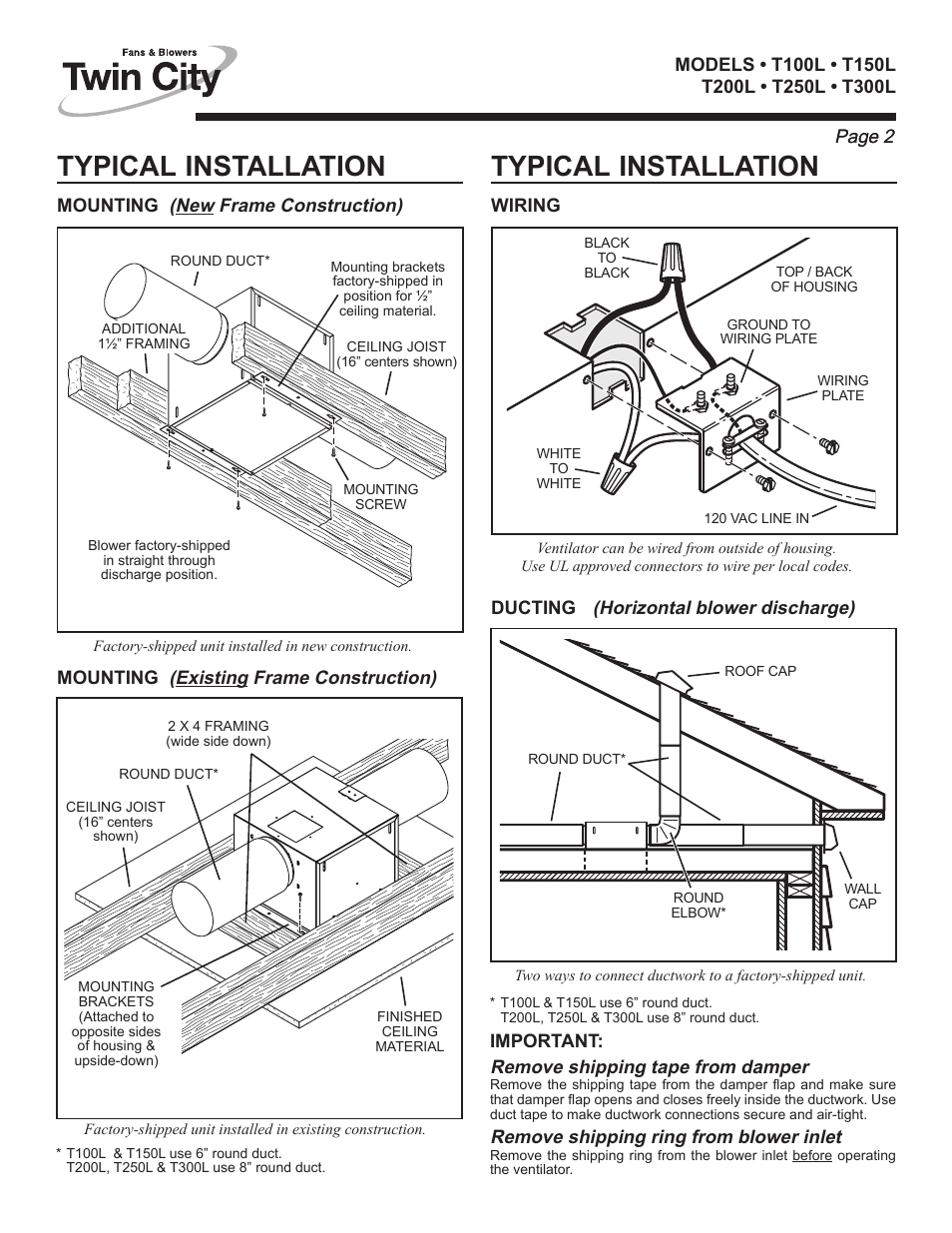 Typical installation, Page 2, New frame construction) | Existing frame construction), Horizontal blower discharge), Remove shipping tape from damper, Remove shipping ring from blower inlet | Twin City Inline / Cabinet Ventilators - TL Series User Manual | Page 2 / 16
