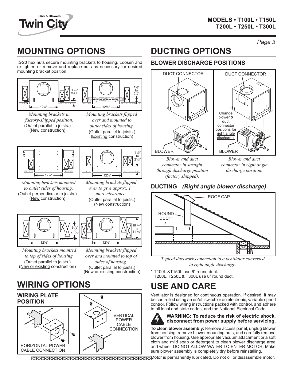 Mounting options wiring options ducting options, Use and care, Page 3 | Right angle blower discharge), Blower discharge positions wiring plate position, Ducting | Twin City Inline / Cabinet Ventilators - TL Series User Manual | Page 3 / 16