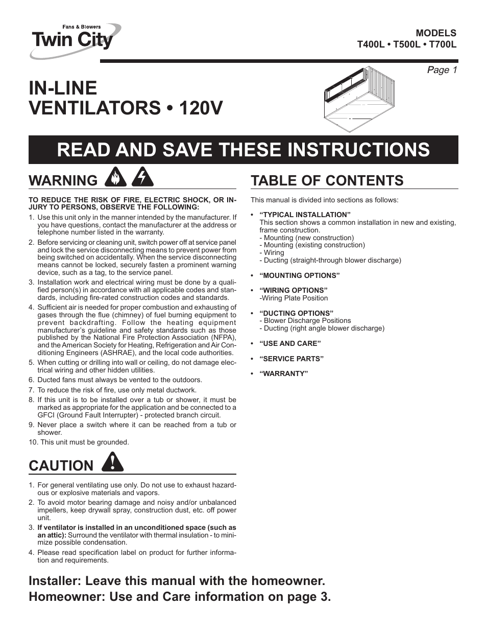 Twin City Inline / Cabinet Ventilators - TL Series User Manual | Page 5 / 16