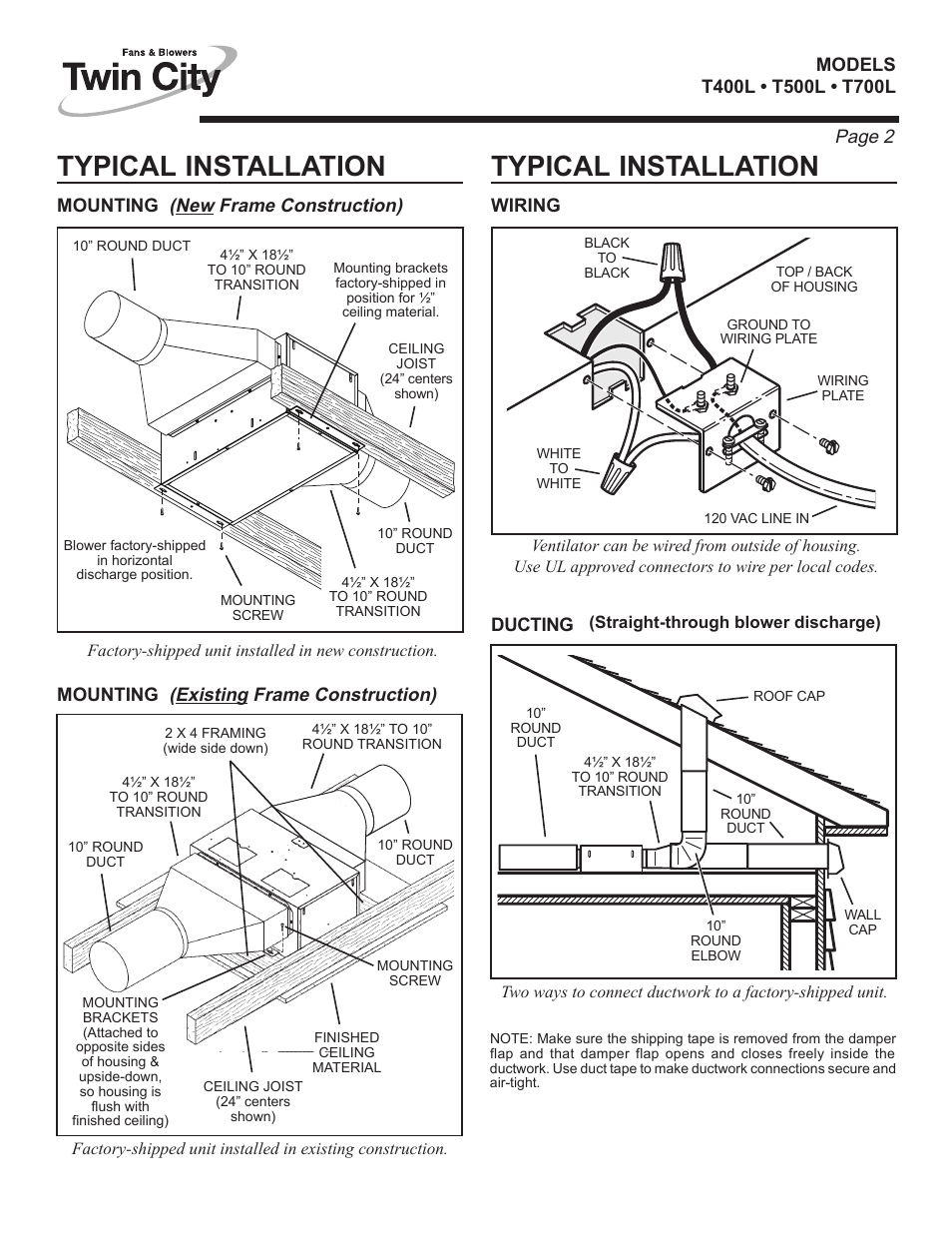 Typical installation, Page 2, New frame construction) | Existing frame construction) | Twin City Inline / Cabinet Ventilators - TL Series User Manual | Page 6 / 16