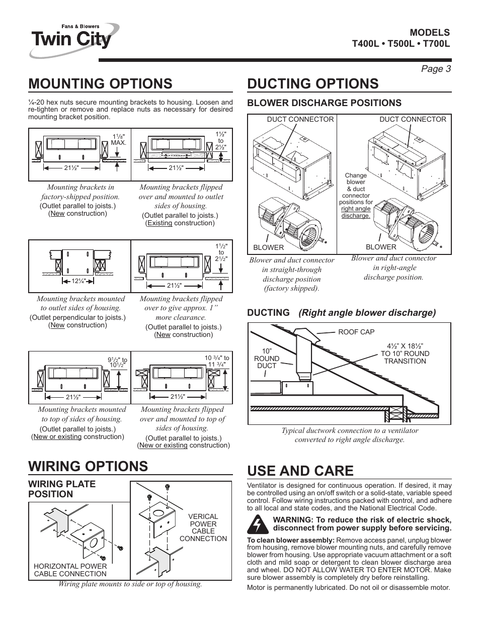 Mounting options wiring options ducting options, Use and care, Page 3 | Right angle blower discharge), Blower discharge positions wiring plate position, Ducting | Twin City Inline / Cabinet Ventilators - TL Series User Manual | Page 7 / 16