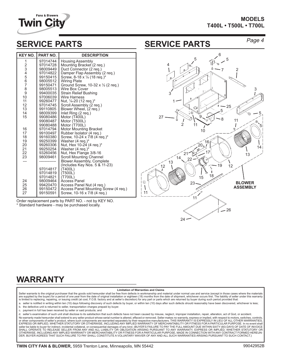 Service parts, Warranty, Page 4 | Twin City Inline / Cabinet Ventilators - TL Series User Manual | Page 8 / 16
