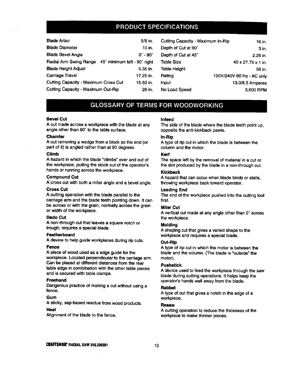 Product specifications, Glossary of terms for woodworking | Craftsman 315.220381 User Manual | Page 10 / 82