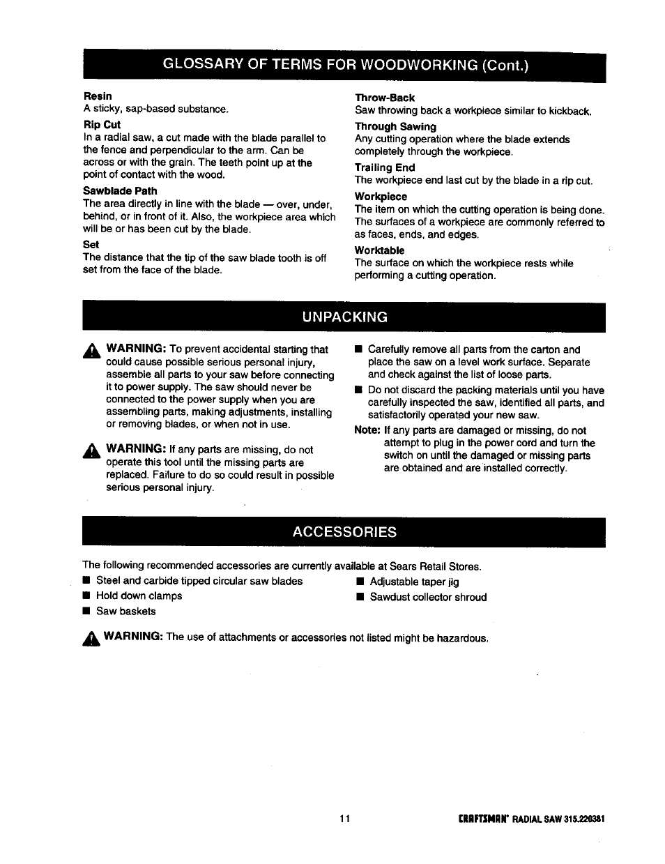 Glossary of terms for woodworking (cont.), Unpacking, Accessories | Craftsman 315.220381 User Manual | Page 11 / 82