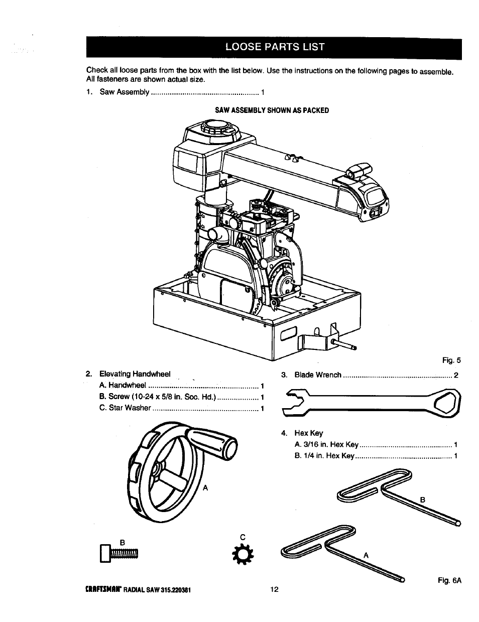 Loose parts list | Craftsman 315.220381 User Manual | Page 12 / 82