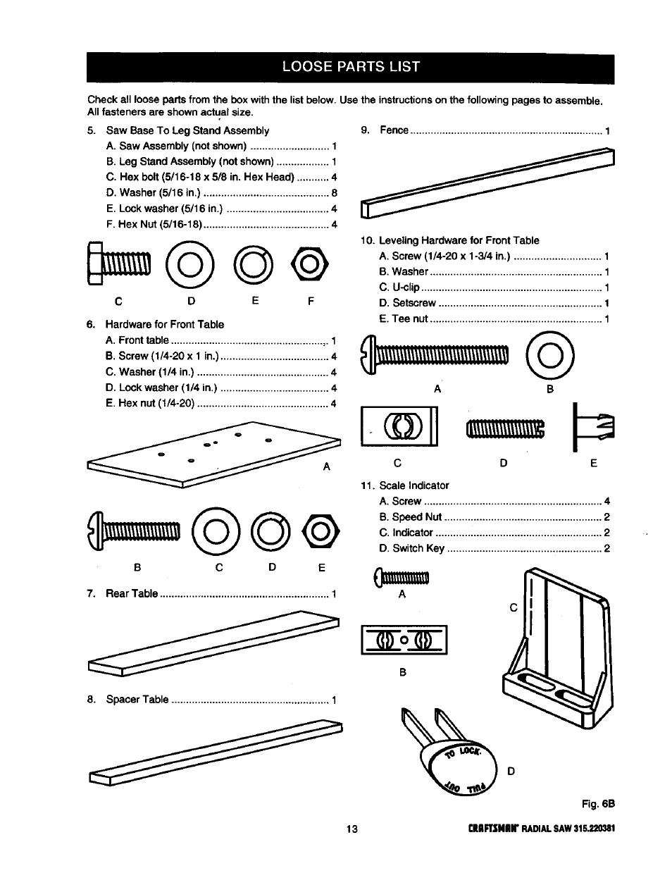 Loose parts list | Craftsman 315.220381 User Manual | Page 13 / 82