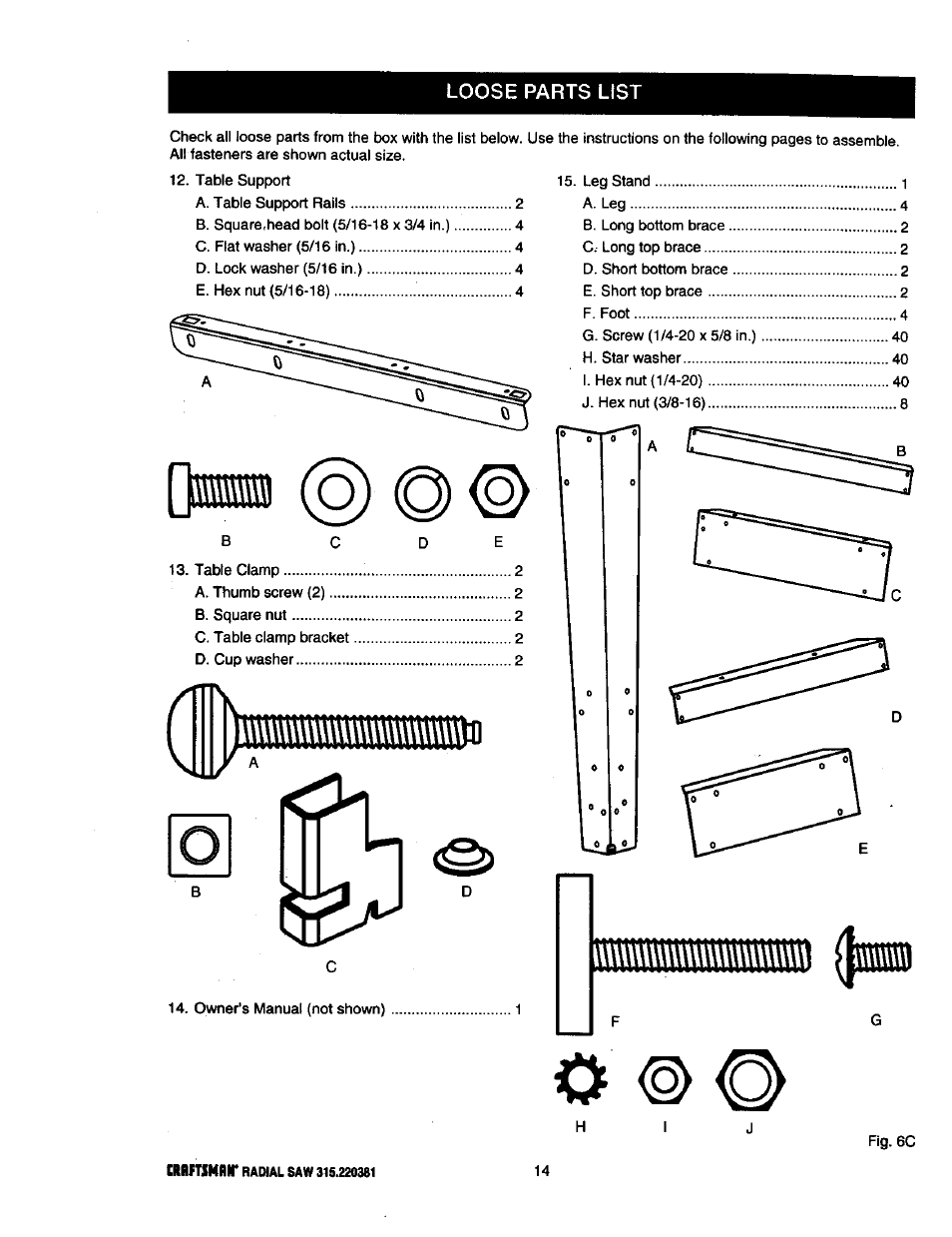 Loose parts list | Craftsman 315.220381 User Manual | Page 14 / 82