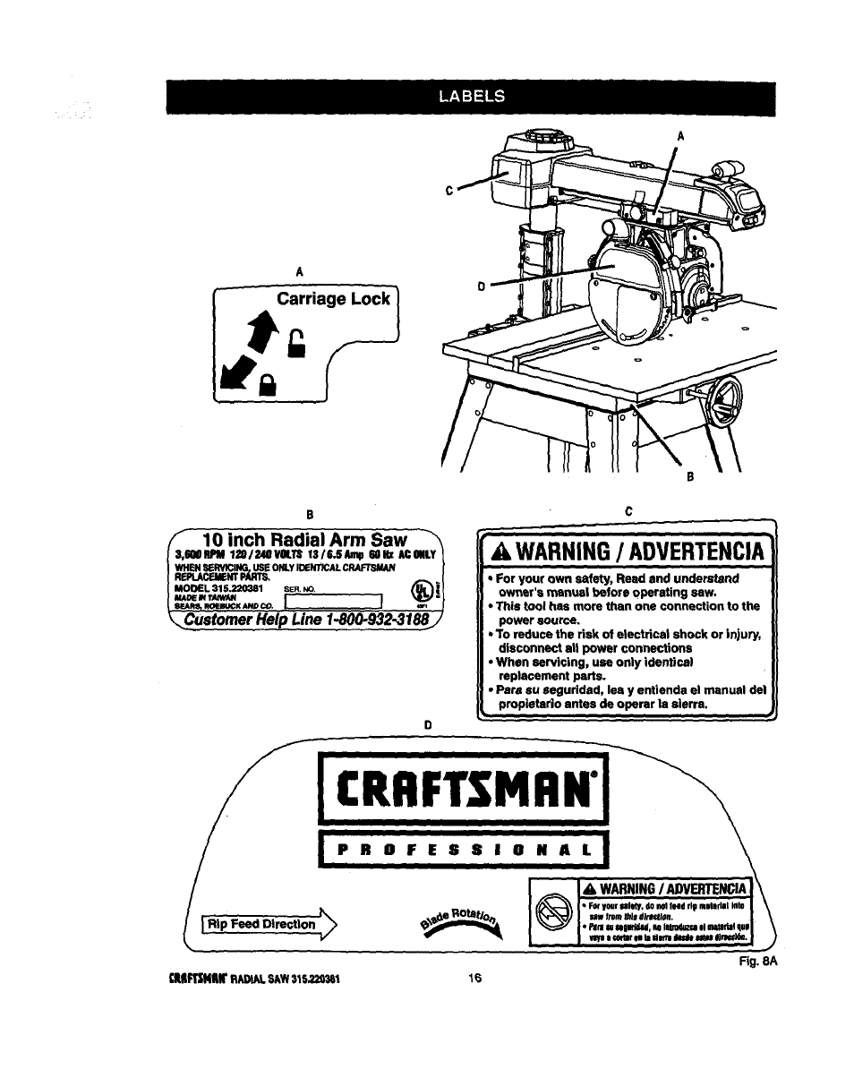 10 inch radial arm saw, A warning / advertencia | Craftsman 315.220381 User Manual | Page 16 / 82