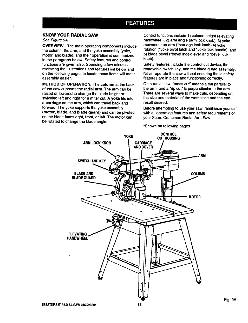 Features, Know your radial saw | Craftsman 315.220381 User Manual | Page 18 / 82