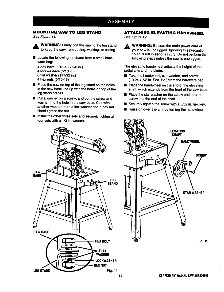Assembly, Mounting saw to leg stand, Attaching elevating handwheel | Craftsman 315.220381 User Manual | Page 23 / 82