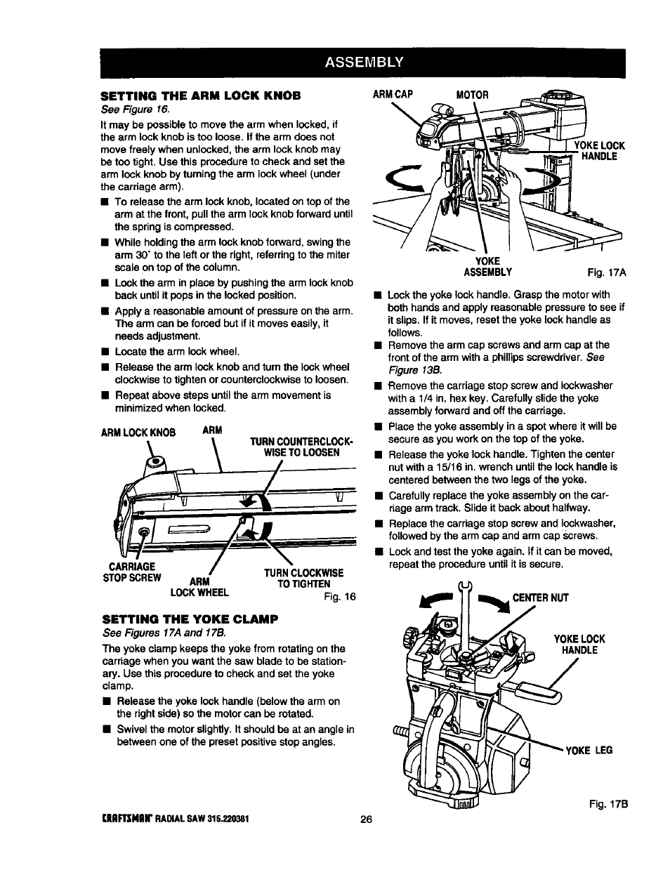 Assembly, Setting the arm lock knob, Setting the yoke clamp | Craftsman 315.220381 User Manual | Page 26 / 82