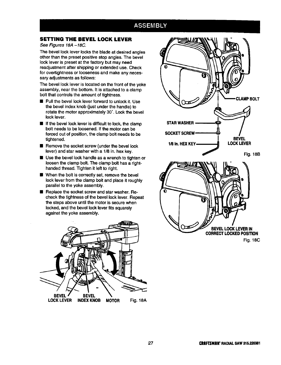 Assembly, Setting the bevel lock lever | Craftsman 315.220381 User Manual | Page 27 / 82