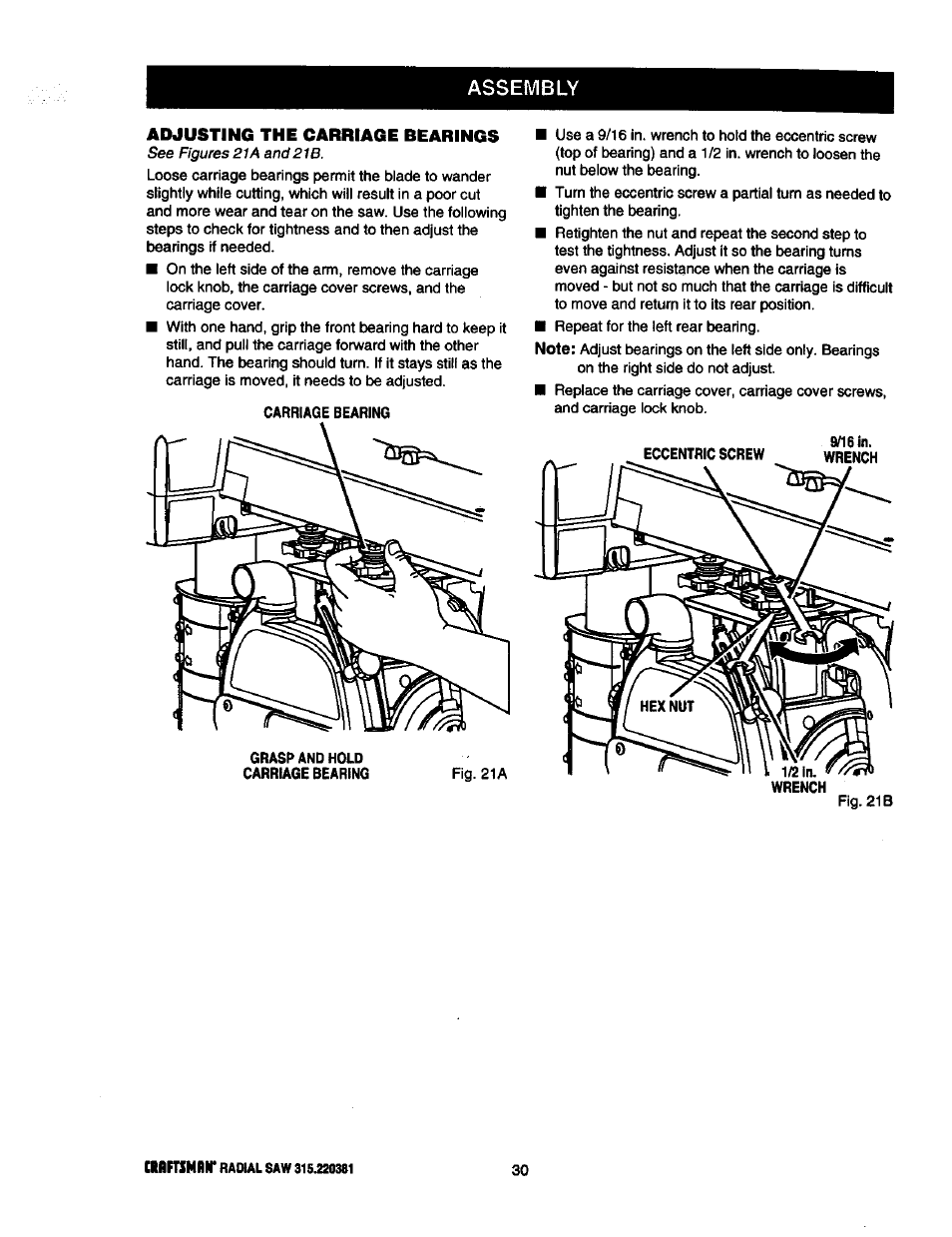 Assembly, Adjusting the carriage bearings | Craftsman 315.220381 User Manual | Page 30 / 82