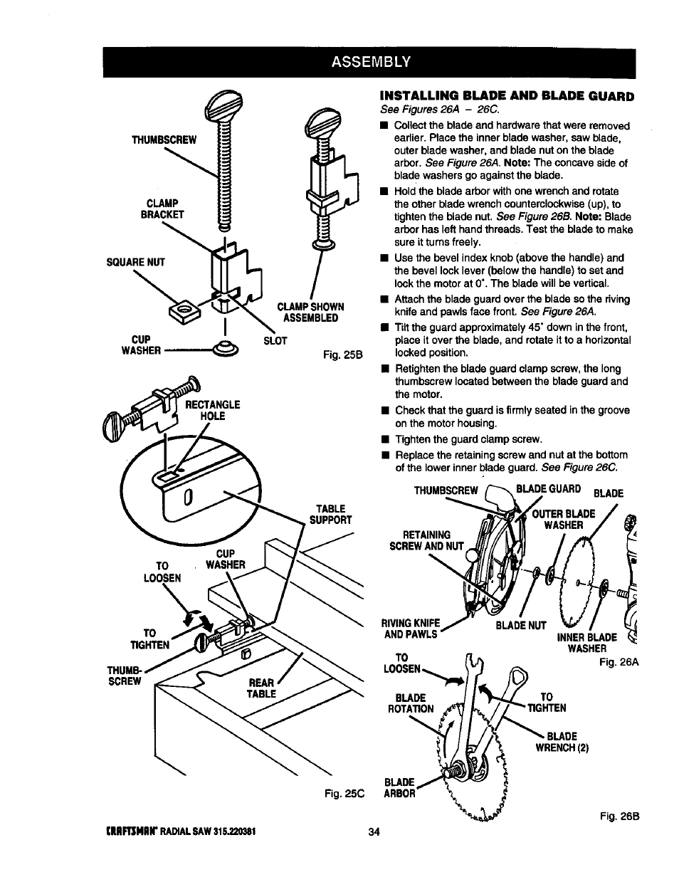 Assembly, Installing blade and blade guard | Craftsman 315.220381 User Manual | Page 34 / 82