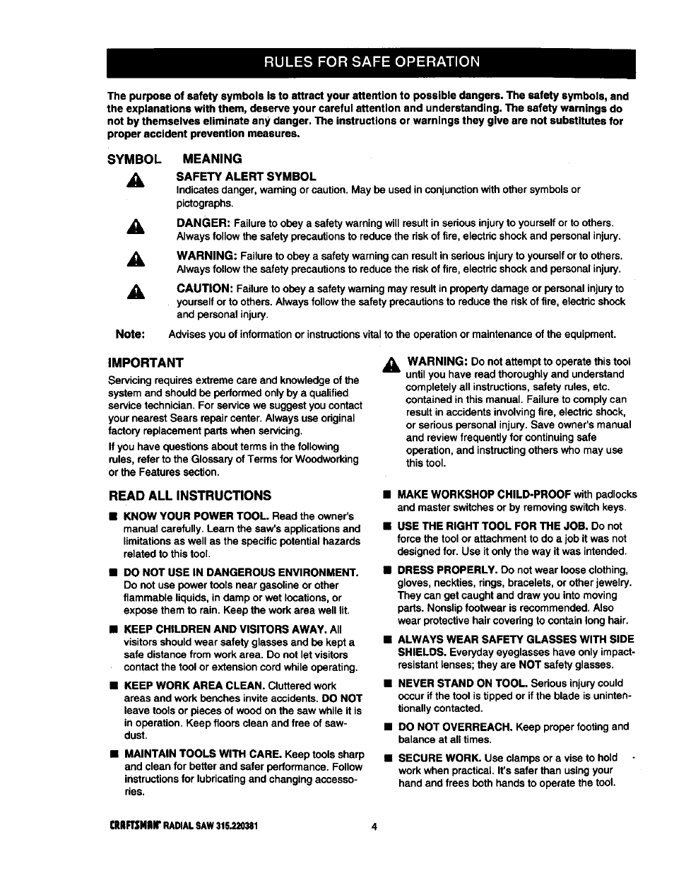 Rules for safe operation | Craftsman 315.220381 User Manual | Page 4 / 82