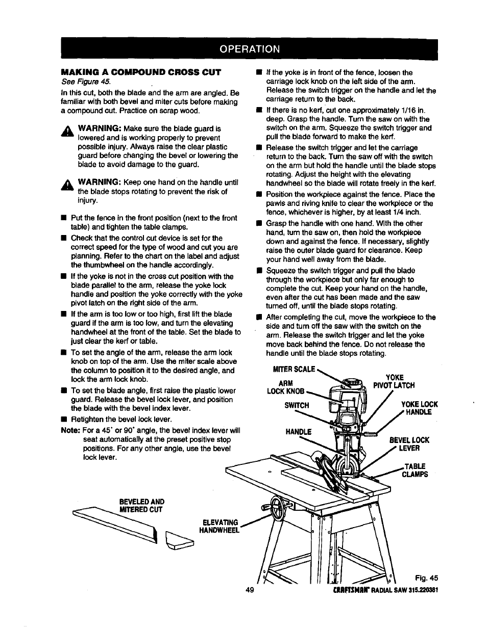 Operation, Iv warning, A warning | Making a compound cross cut | Craftsman 315.220381 User Manual | Page 49 / 82