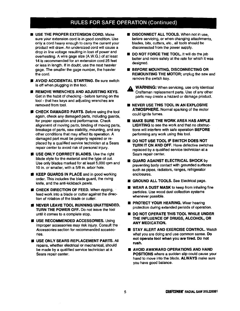 Rules for safe operation (continued) | Craftsman 315.220381 User Manual | Page 5 / 82