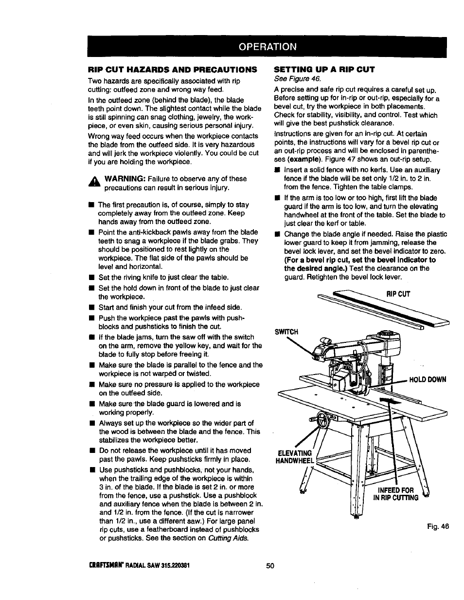 Operation, Rip cut hazards and precautions, A warning | Setting up a rip cut | Craftsman 315.220381 User Manual | Page 50 / 82