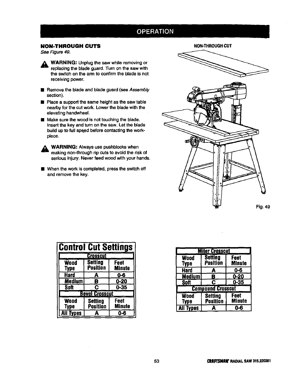 Control cut settings, Operation | Craftsman 315.220381 User Manual | Page 53 / 82