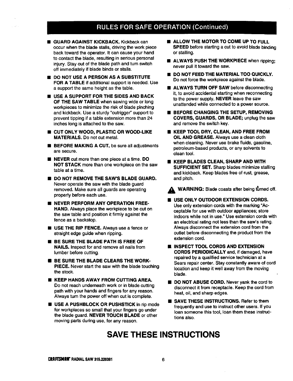 Save these instructions, Rules for safe operation (continued) | Craftsman 315.220381 User Manual | Page 6 / 82