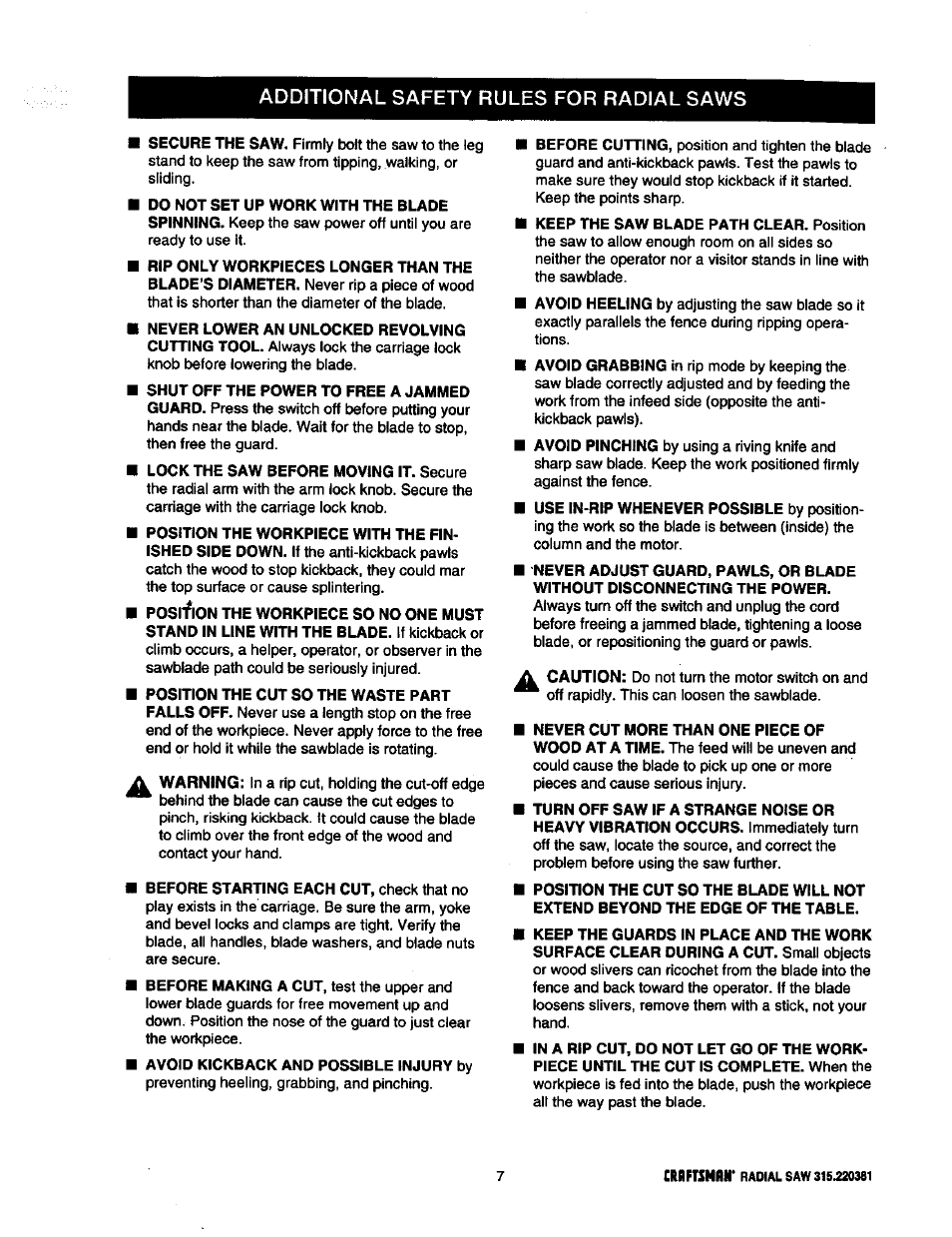 Additional safety rules for radial saws, A caution | Craftsman 315.220381 User Manual | Page 7 / 82