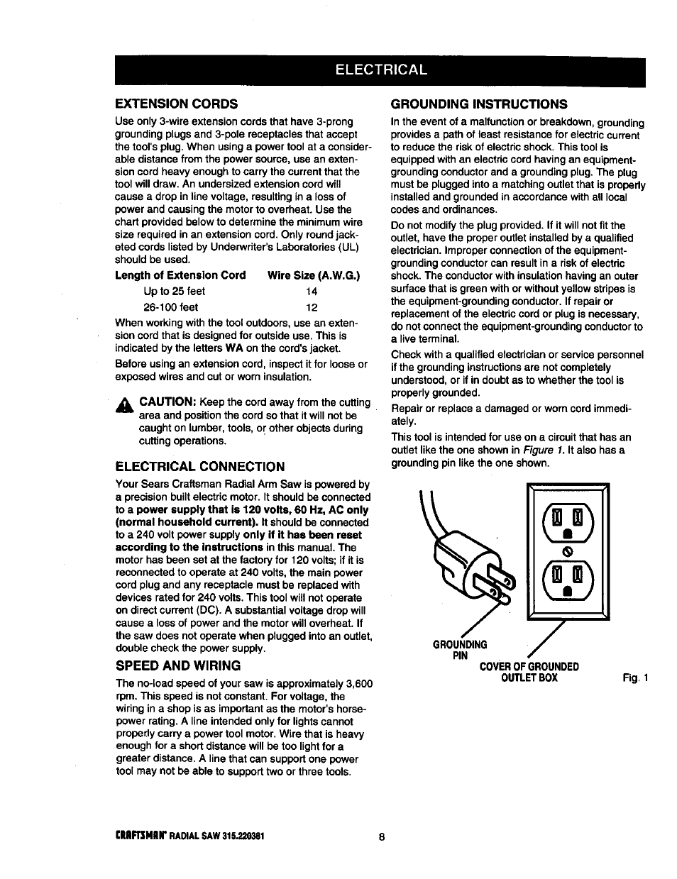 Electrical, Extension cords, Electrical connection | Speed and wiring, Grounding instructions | Craftsman 315.220381 User Manual | Page 8 / 82