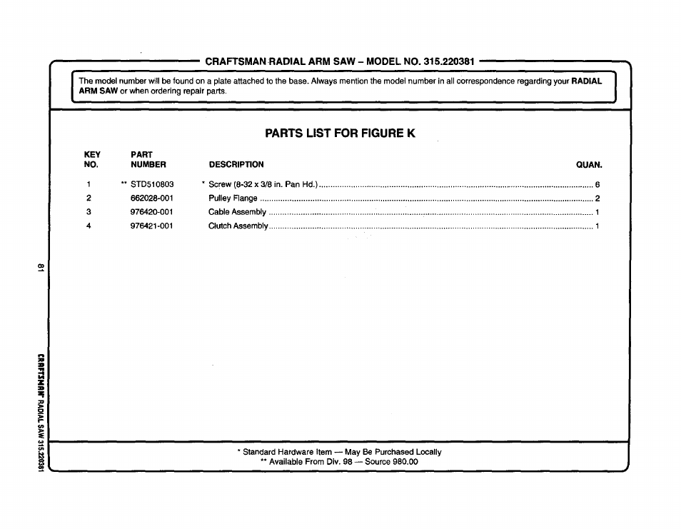 Parts list for figure k | Craftsman 315.220381 User Manual | Page 81 / 82