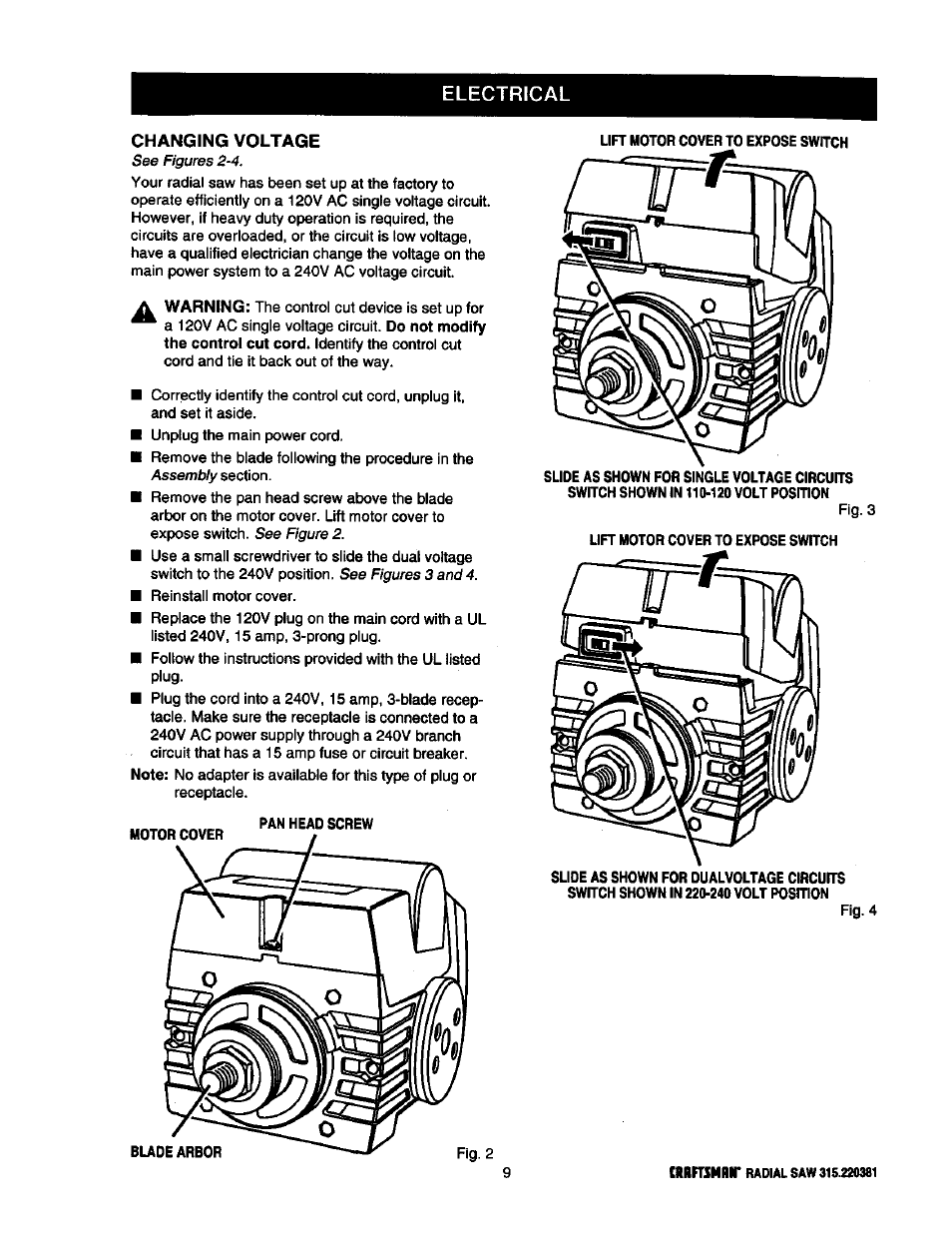 Electrical, Changing voltage | Craftsman 315.220381 User Manual | Page 9 / 82