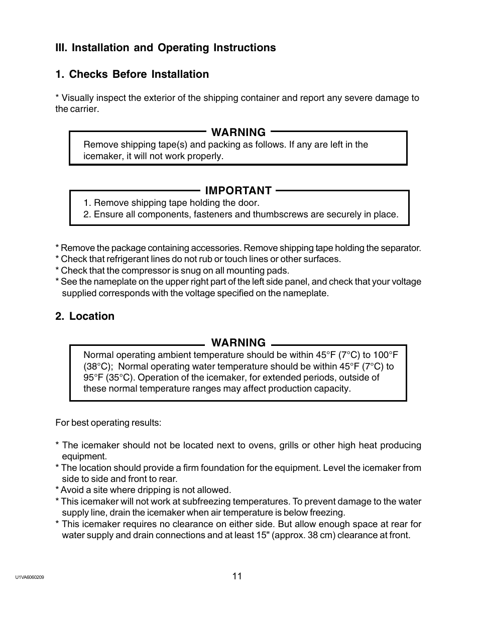 Iii. installation and operating instructions, Checks before installation, Location | Checks before installation 2. location | Twin Eagles AM-50BAE-AD User Manual | Page 11 / 51