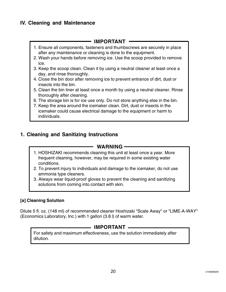 Iv. cleaning and maintenance, Cleaning and sanitizing instructions, A] cleaning solution | Twin Eagles AM-50BAE-AD User Manual | Page 20 / 51