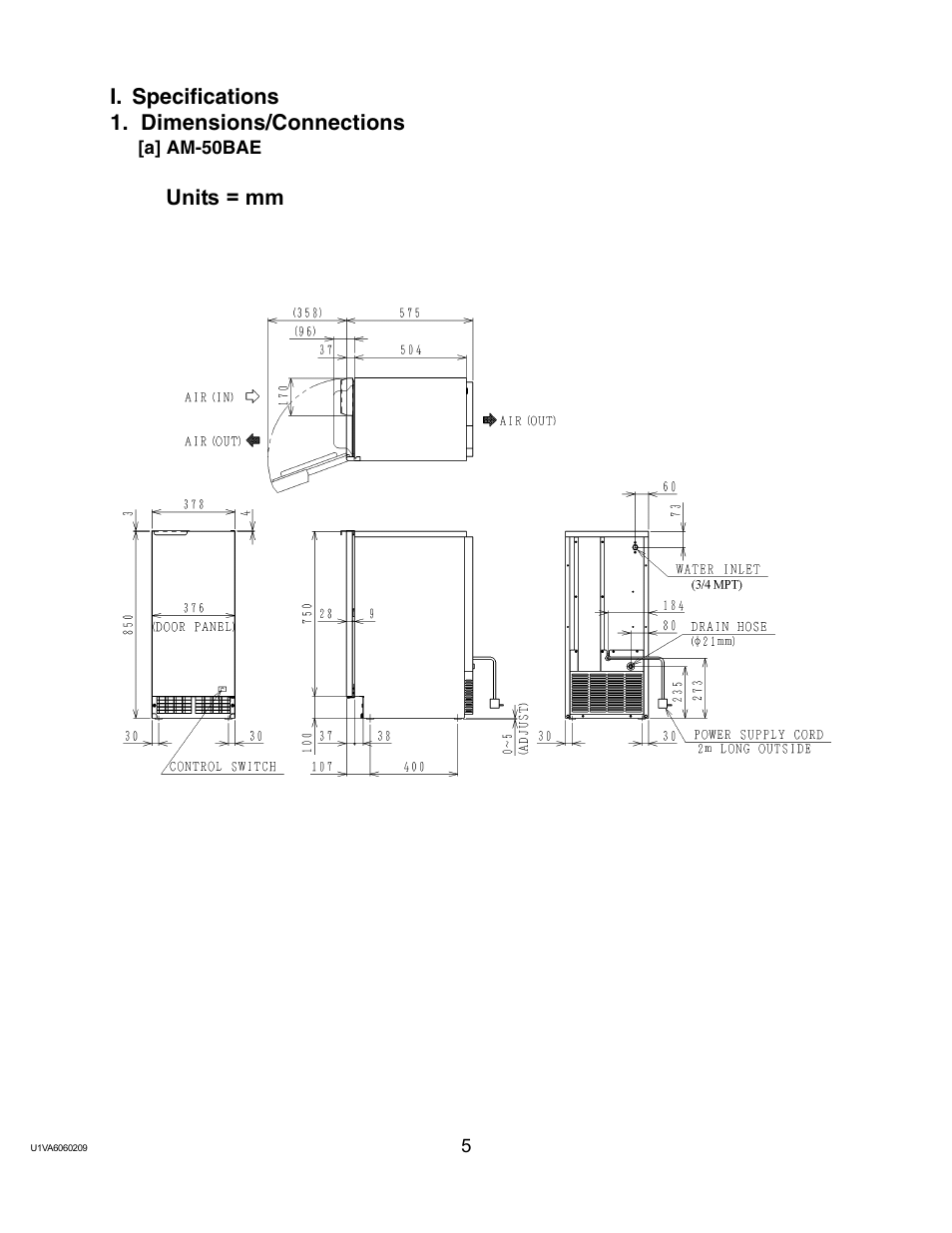 I. specifications, Dimensions/connections, A] am-50bae | I. specifications 1. dimensions/connections, Units = mm | Twin Eagles AM-50BAE-AD User Manual | Page 5 / 51