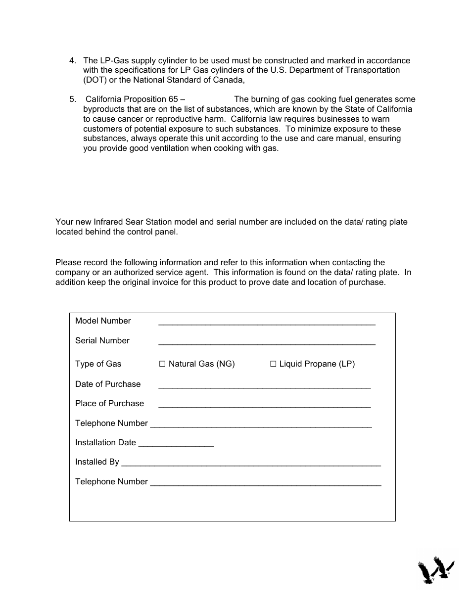 For your records | Twin Eagles TPSS-13F User Manual | Page 4 / 13