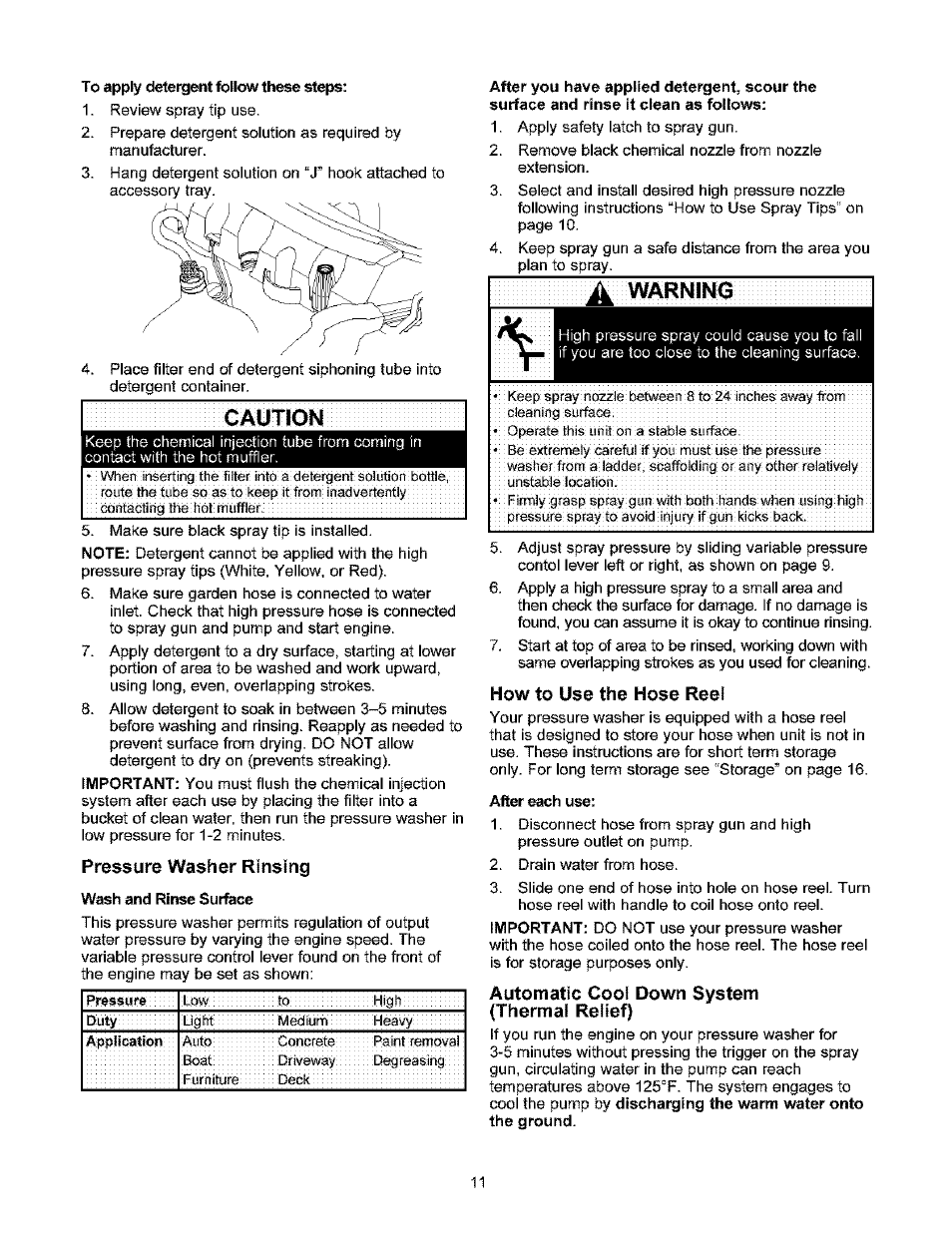 Caution, Pressure washer rinsing, How to use the hose reel | Automatic cool down system (thermal relief), V\^rning | Craftsman 580.753000 User Manual | Page 11 / 48