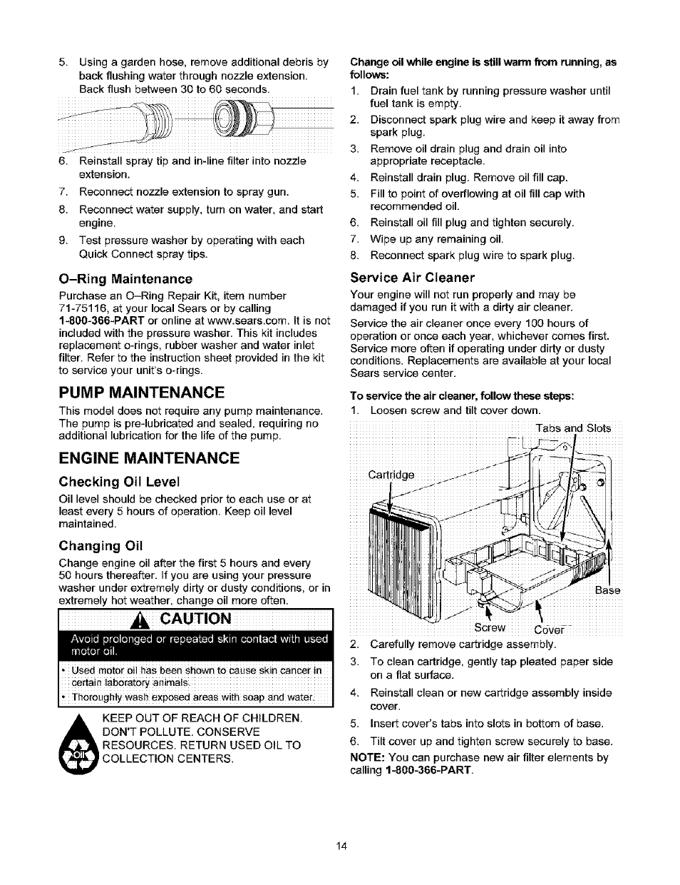 Ring maintenance, Pump maintenance, Engine maintenance | Checking oil level, Changing oil, Caution, Service air cleaner | Craftsman 580.753000 User Manual | Page 14 / 48