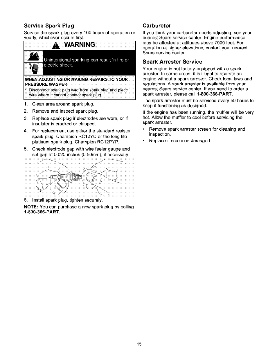 Service spark plug, V\^rninq, Carburetor | Spark arrester service | Craftsman 580.753000 User Manual | Page 15 / 48