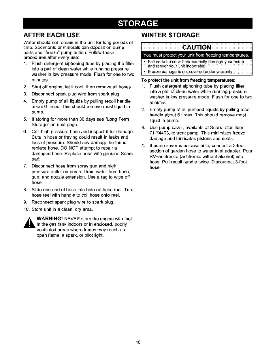 Winter storage, Caution, Storage | After each use | Craftsman 580.753000 User Manual | Page 16 / 48